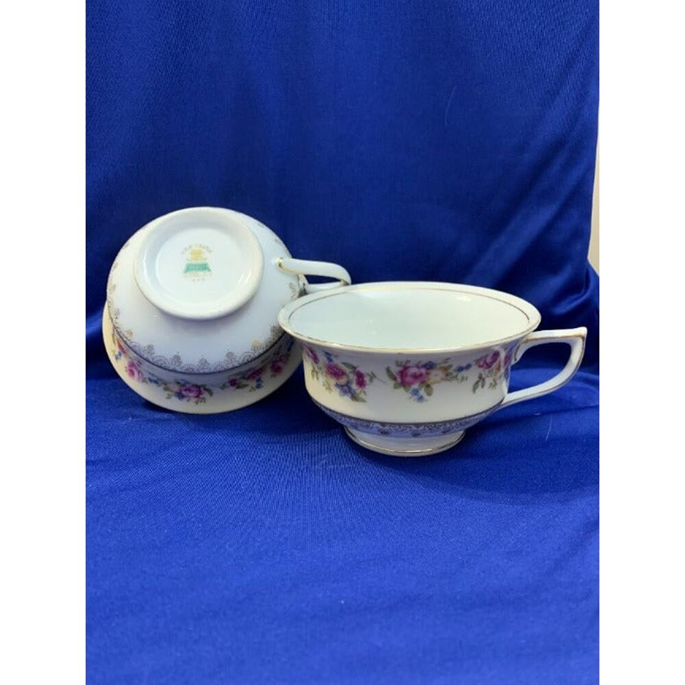 Pair of Gold Castle Teacups Rose and Blue Flower Pattern
